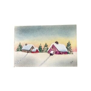 Lina Signed Vintage Stamp Collage Art Winter Village Scene Mixed Media Folk Art